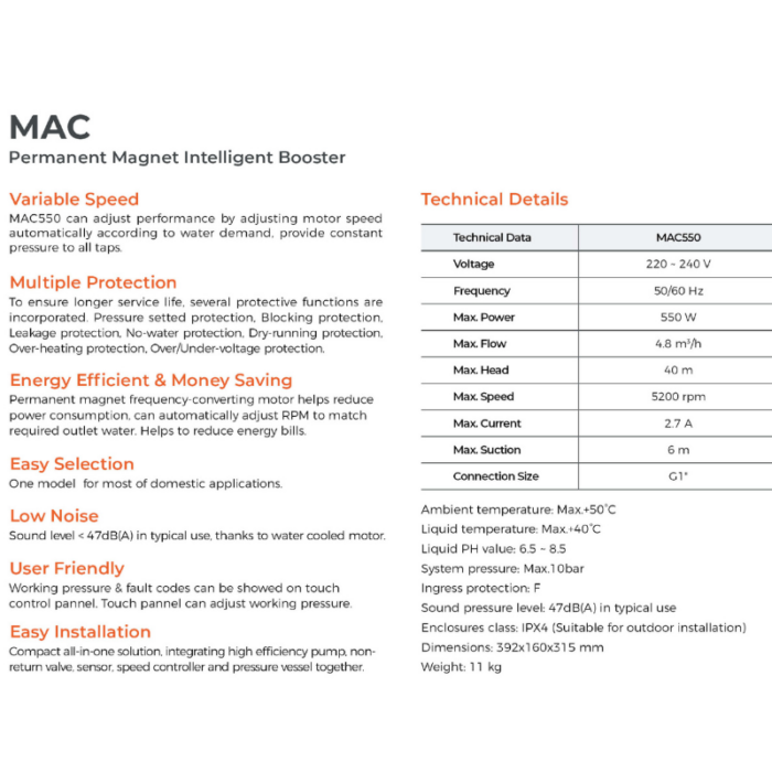 All-in-one Leo Smart Pump MAC550 is an intelligent pressure booster system which can automatically adjust performance according to water demand. It provides constant pressure to all taps in a building. LEO MAC550 All-in-one Leo Smart Pump MAC550 is an intelligent pressure booster system which can automatically adjust performance according to water demand. It provides constant pressure to all taps in a building. LEO MAC550
